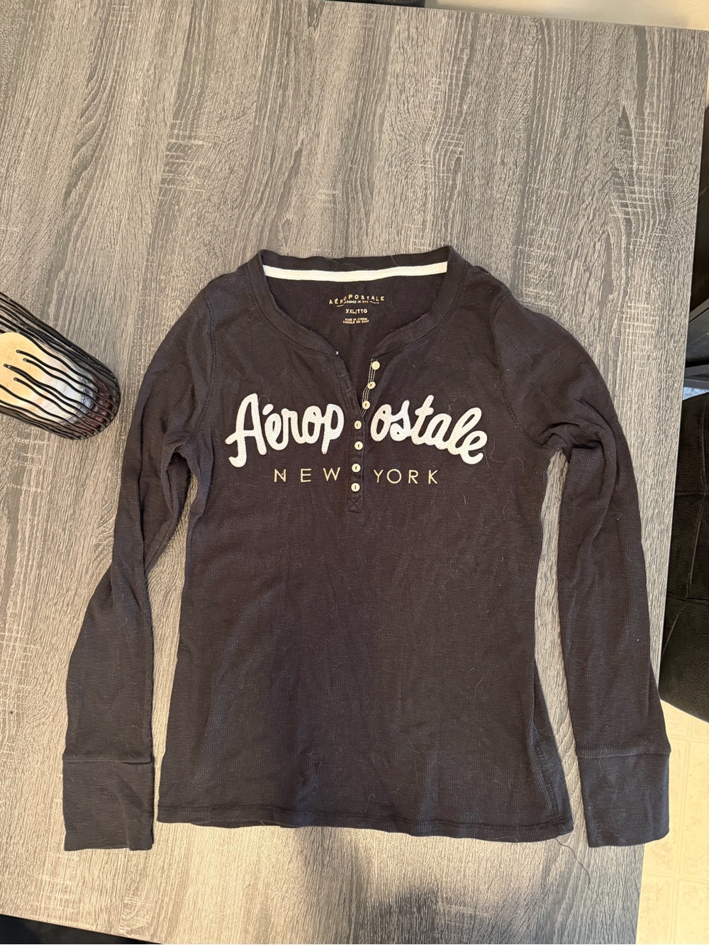 Aeropostale Black Long-Sleeve Henley with White Script Logo